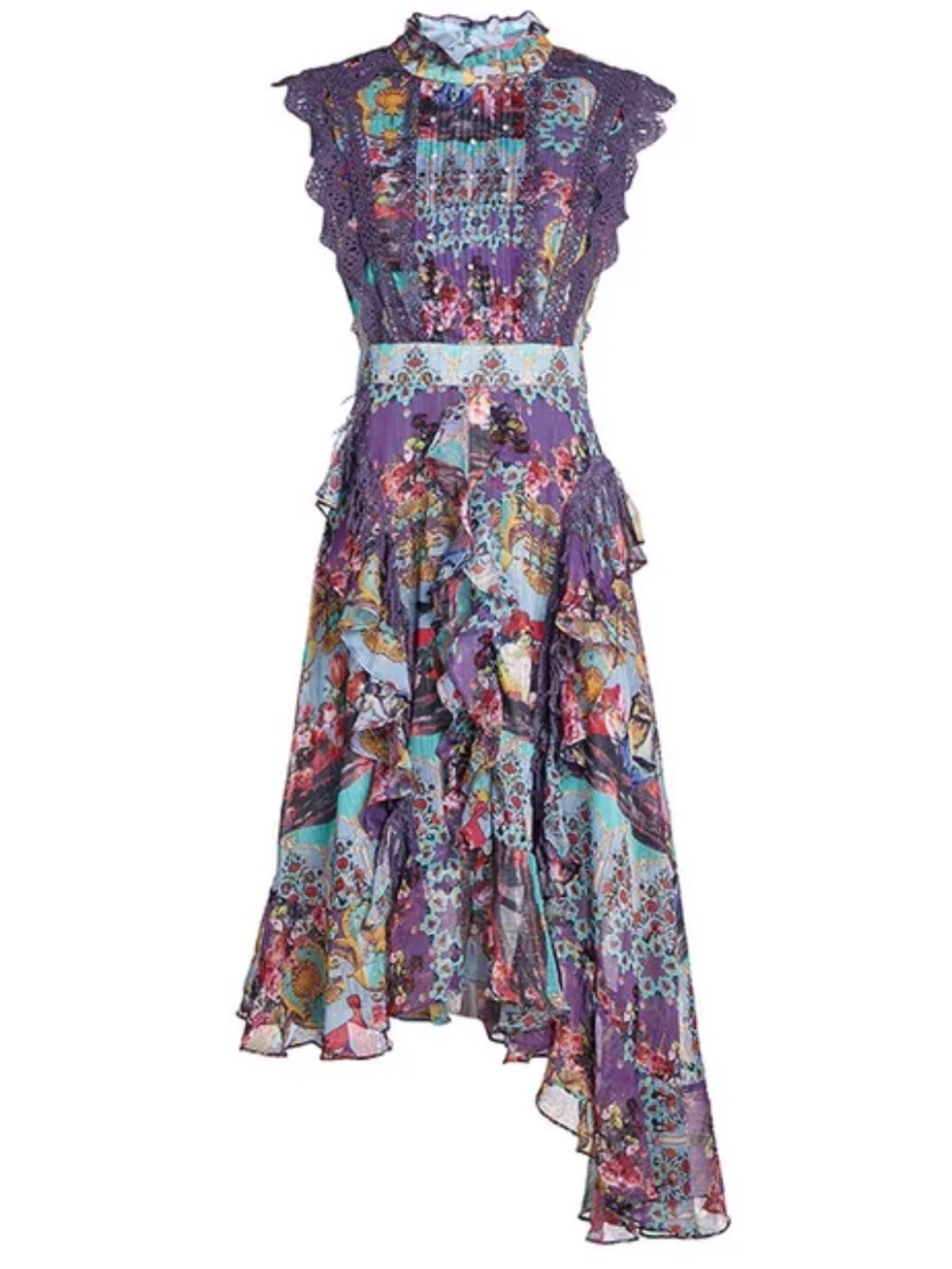 Purple Floral Asymmetrical Ruffle Dress